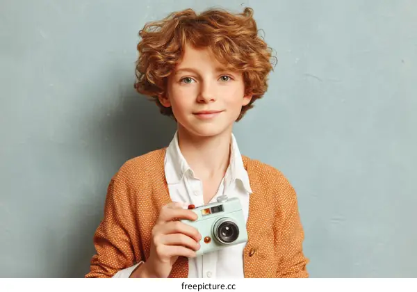 Boy Holding Camera against Light Blue Background