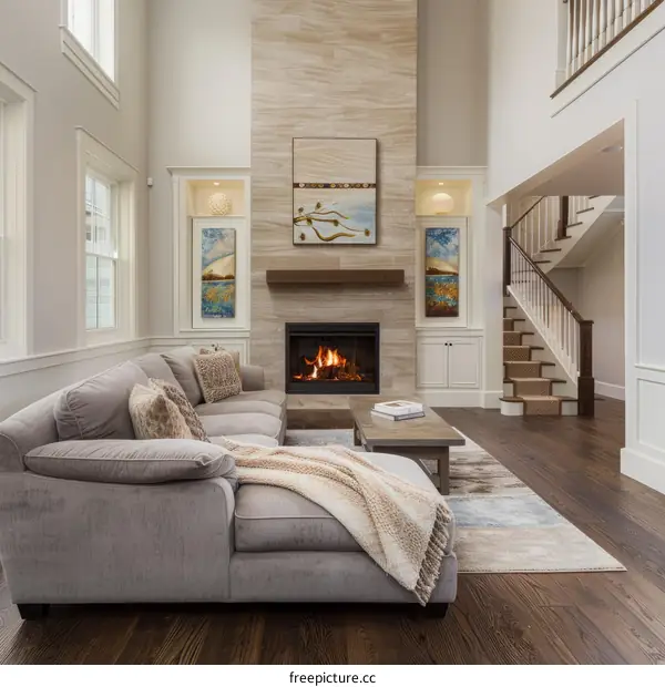 A modern living room with a fireplace and a staircase