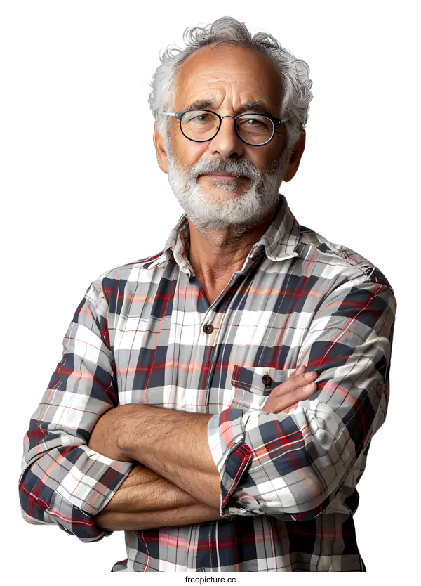 [Transparent Background PNG]Portrait of a Smiling Senior Man with Grey Hair and a Plaid Shirt