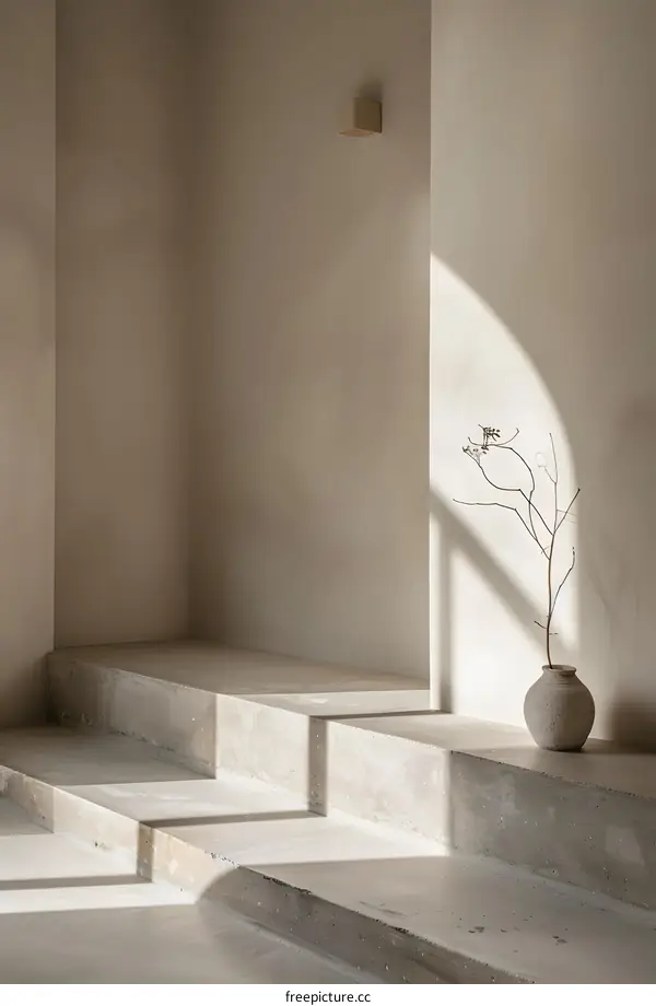 Minimalist Concrete Staircase and Wall with a Branch in a Vase