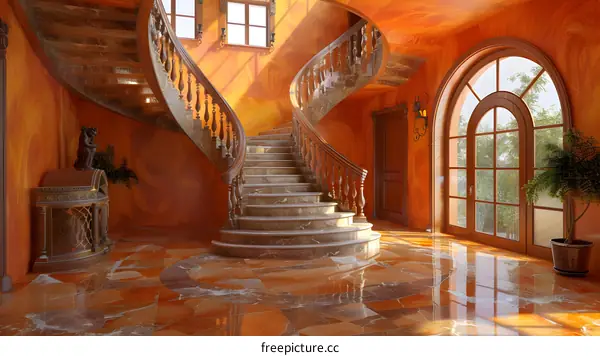European style indoor spiral staircase and marble floor