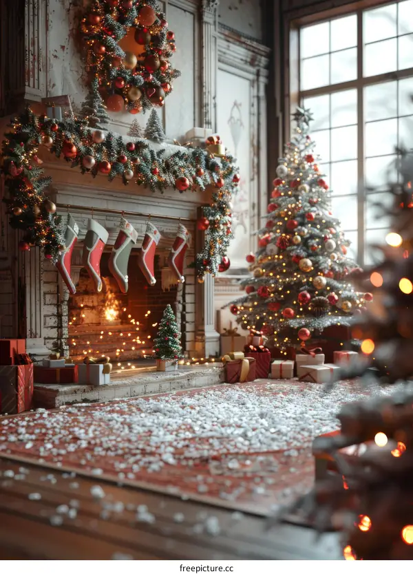 Christmas Tree in the Living Room with Fireplace on Christmas Day