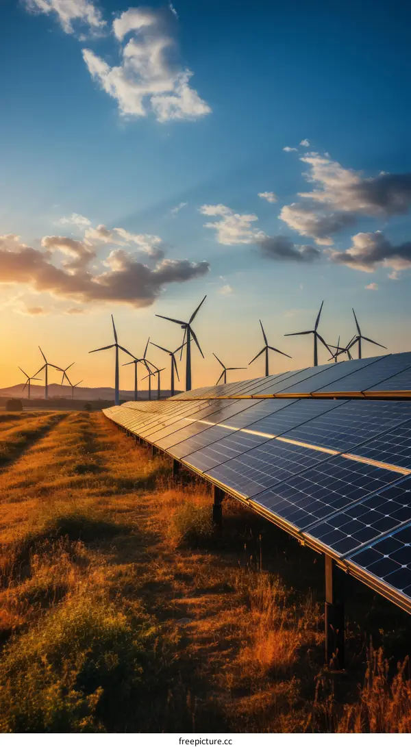 A field of solar panels and wind turbines generating renewable energy