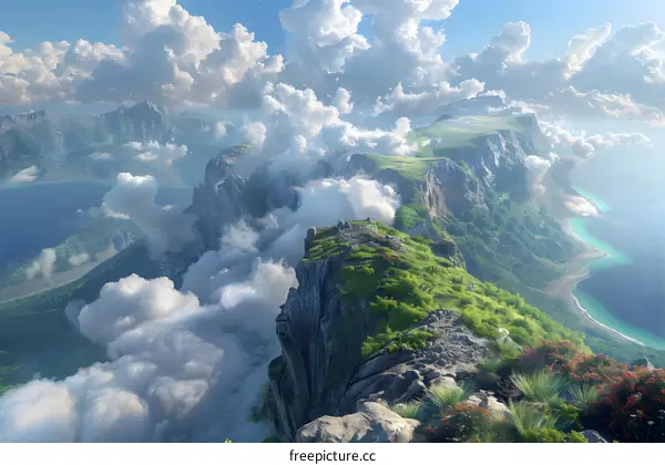 The mountain is covered with green trees and there are white clouds around the foot of the mountain. The cliff is very steep and the scenery is spectacular.