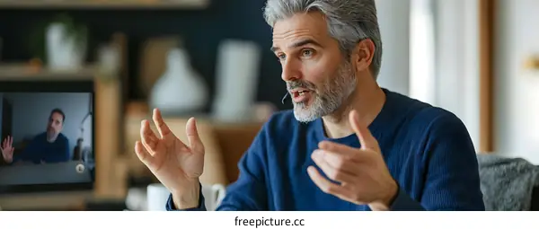 Man on Video Call Talking and Gesturing