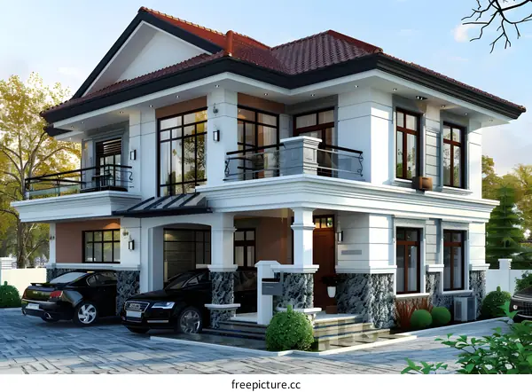 Modern Two-Story House Exterior With Front Yard And Garage