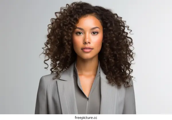A young woman with curly hair wearing a suit