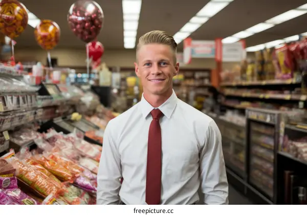Portrait of a young man working in a supermarket