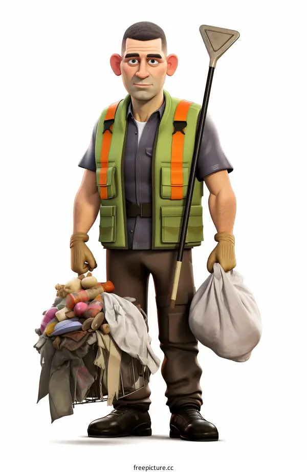 Waste collector with a full garbage bag and a trash can