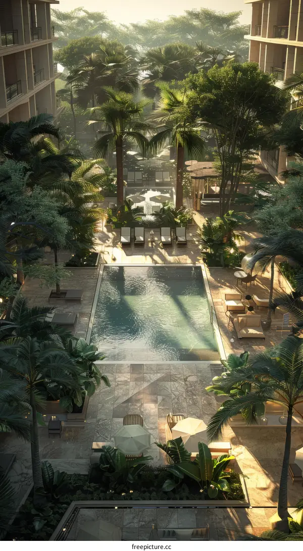 Tropical resort swimming pool with lush vegetation
