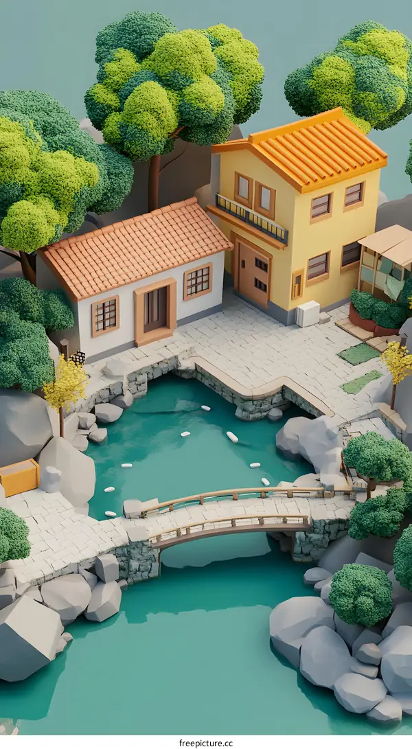 Low Poly Cartoon Style 3D Rendering of a Small Village with a Bridge and Pond