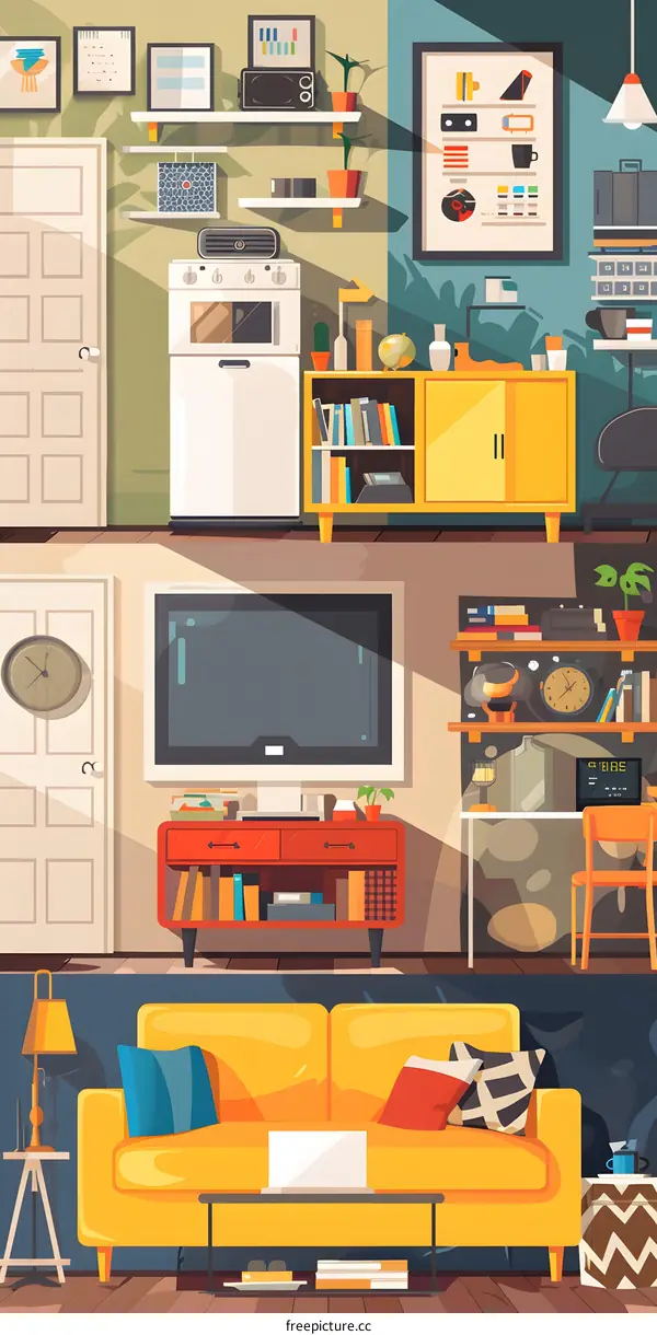 Modern Living Room Interior Design Illustration With Yellow Sofa and Bookshelves