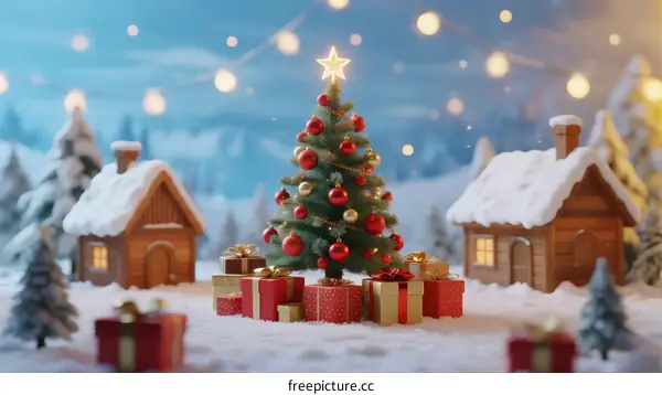 Festive Christmas Tree with Gift Boxes in Snowy Winter Scene