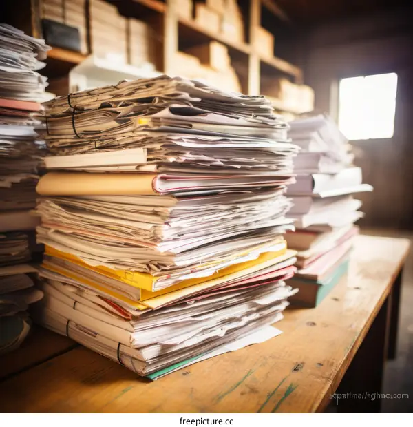A large stack of messy paper documents and books in a cluttered home office