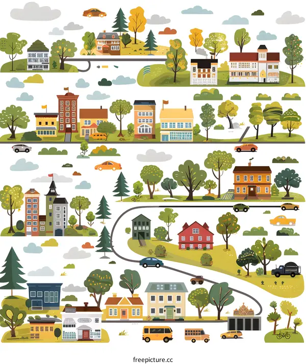 Illustrated Cartoon City with Homes and Roads