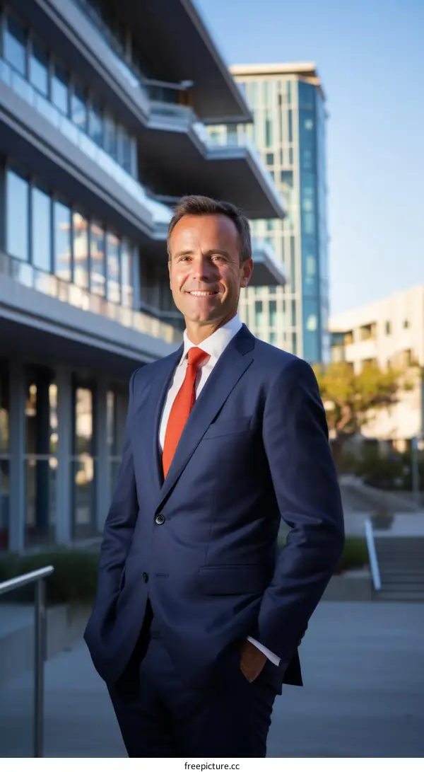 A smiling man in a suit standing outside of an office building