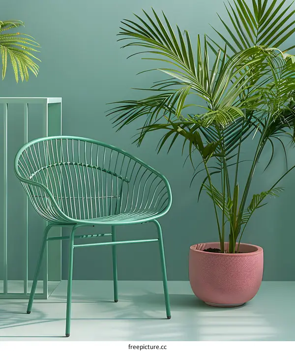 Green Chair and Potted Palm in a Minimalist Interior Design