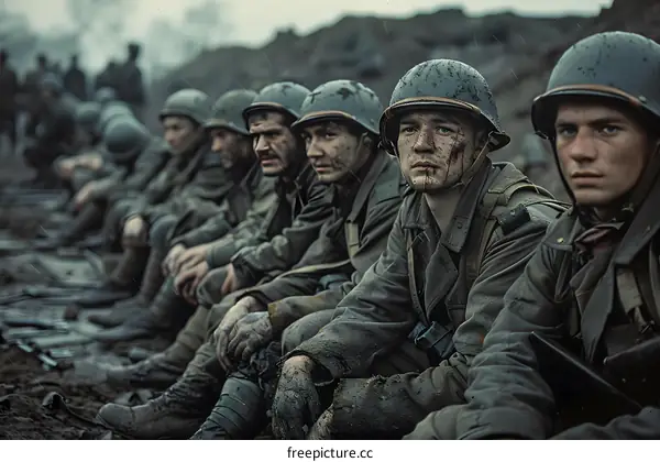 A group of soldiers sit in a trench during World War I.