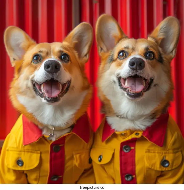 Two happy corgis in yellow and red jackets