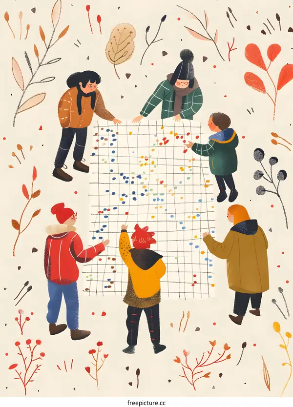 Group of people analyzing data on a grid chart