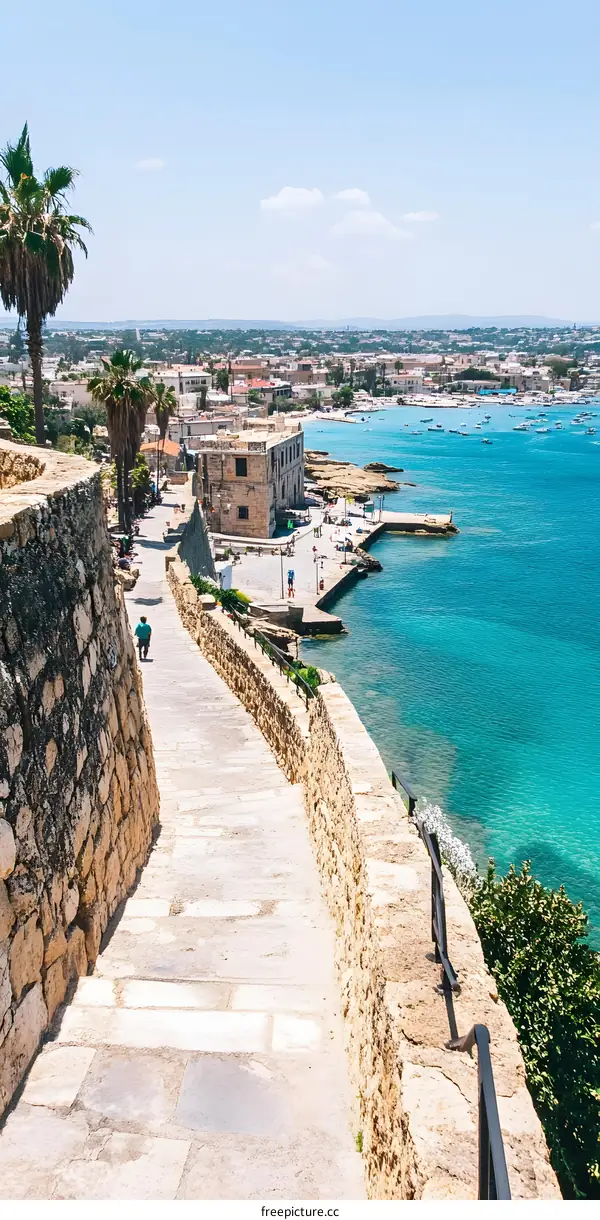 Stone Steps Leading Down to the Blue Sea in a Coastal Town