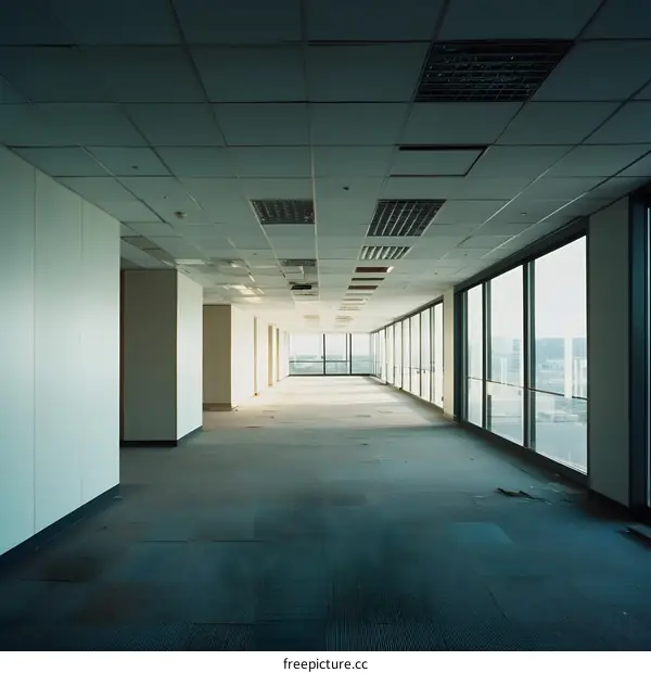 Empty Office Space with Large Windows and Tiled Ceiling
