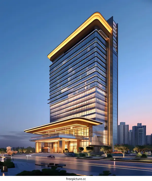 Modern glass skyscraper at night