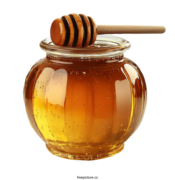 [Transparent Background PNG]Honey Jar with Honey Dipper on White Background