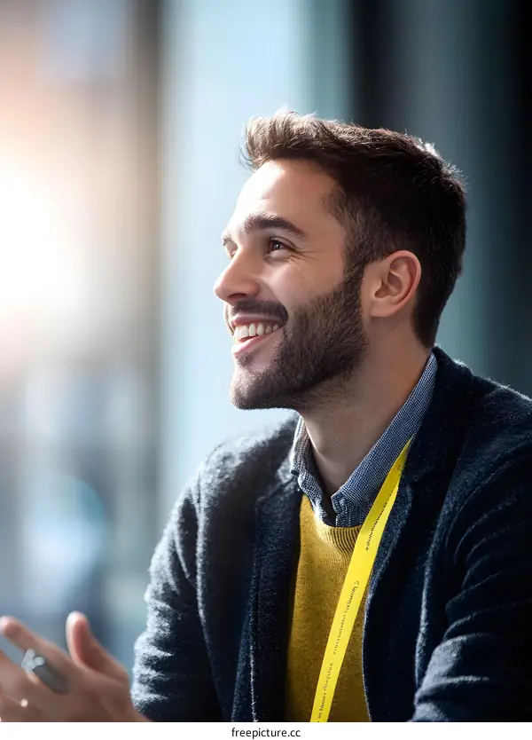 Smiling Man Looking Up While Wearing a Yellow Lanyard