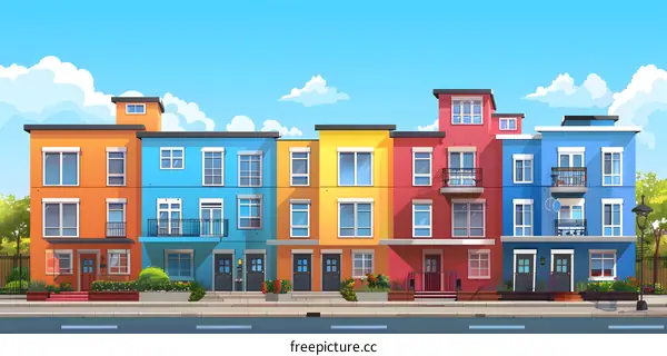 Colorful Row of Houses in Suburban Neighborhood Illustration