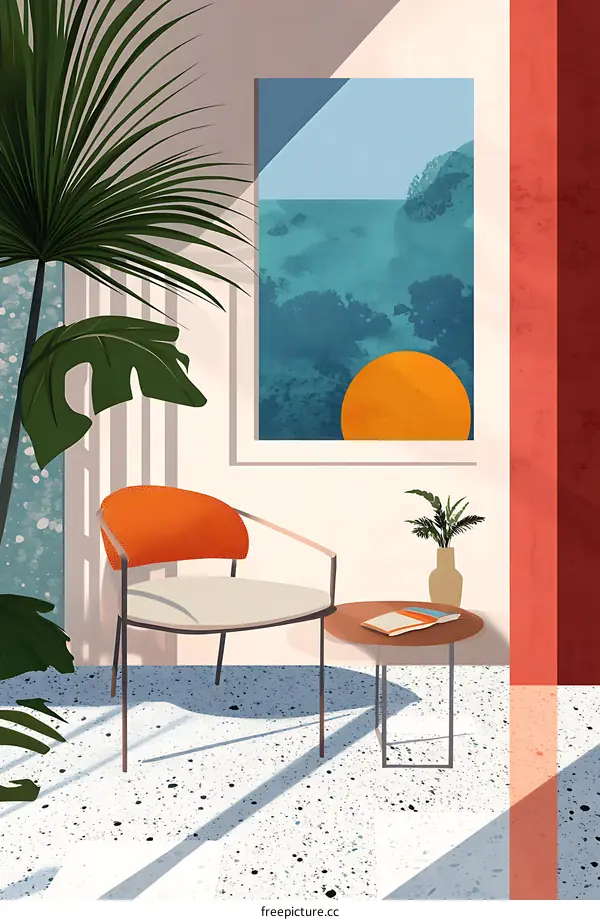 Minimalist Illustration Of A Modern Living Room With A Window View Of The Sea And Sun