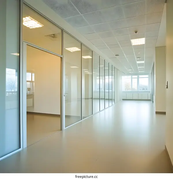 Empty Office Corridor With Glass Walls And Doors