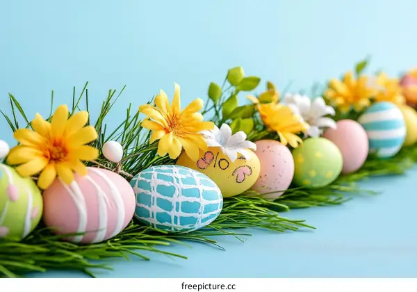 Colorful Easter Eggs Arrangement on a Light Blue Background