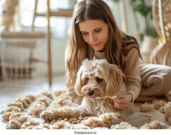 Young woman sitting on the floor and looking at her dog