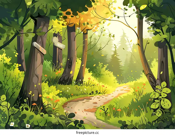 Forest Path Illustration with Green Trees and Winding Path