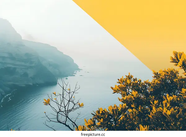 Minimalist Ocean Landscape with Cliff and Yellow Sky