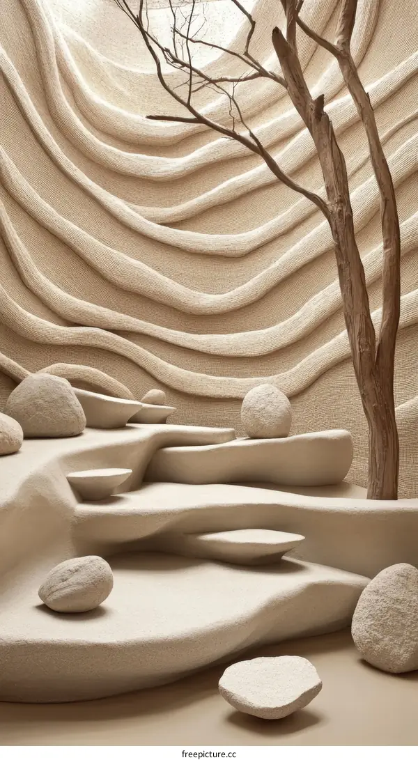 Abstract Beige Modern Design Scene with Stones and Trees
