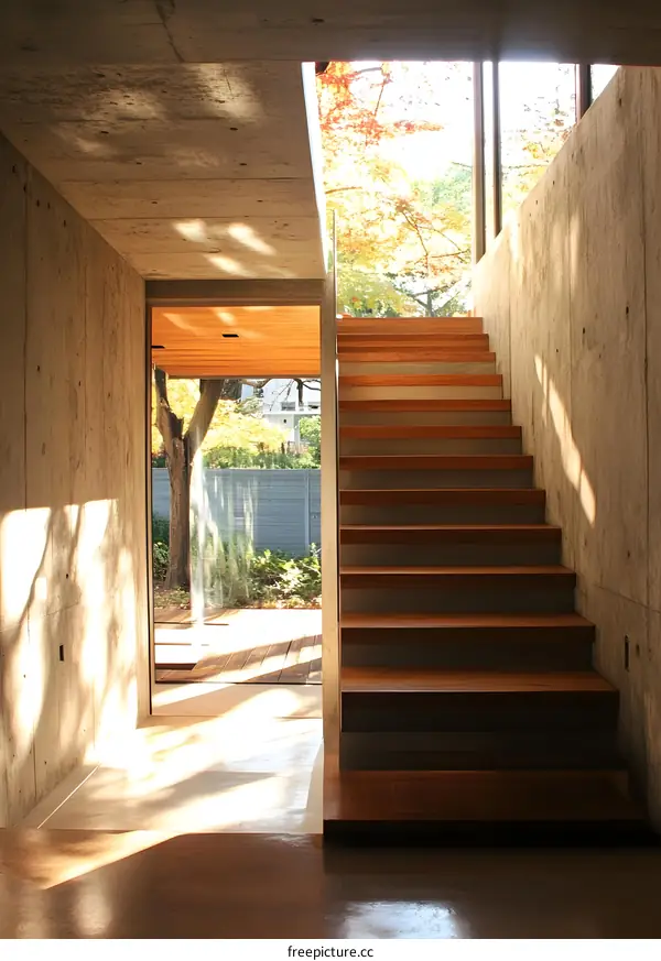 Modern Minimalist Concrete House with Wooden Stairs and Sunbeams