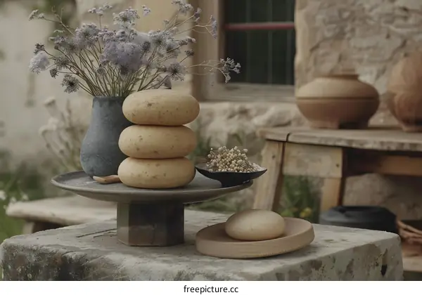 Stoneware Round Plates and Dried Flowers on Stone Table