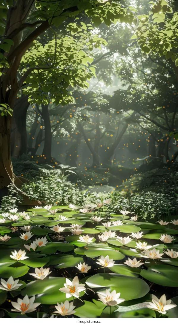 Enchanted forest with a pond full of white water lilies