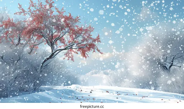 A winter scene with a large snow-covered tree and a snowy field in the background.