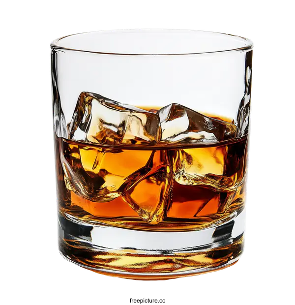 [Transparent Background PNG]Close up of a glass of whiskey with ice cubes