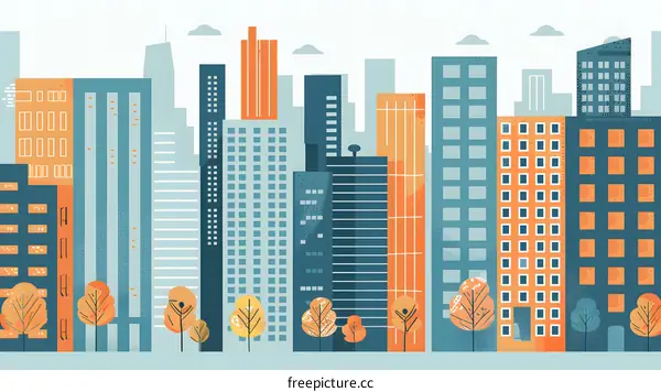 Modern City Skyline Illustration with Buildings and Trees