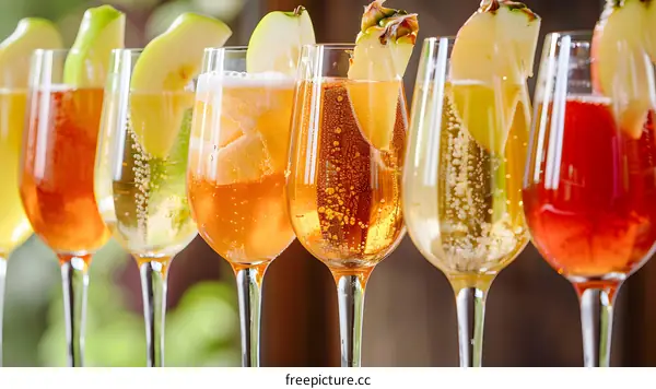 Close Up of Sparkling Wine Glasses with Fruit Garnish