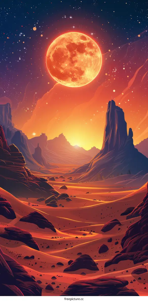 Barren desert landscape with a large red moon