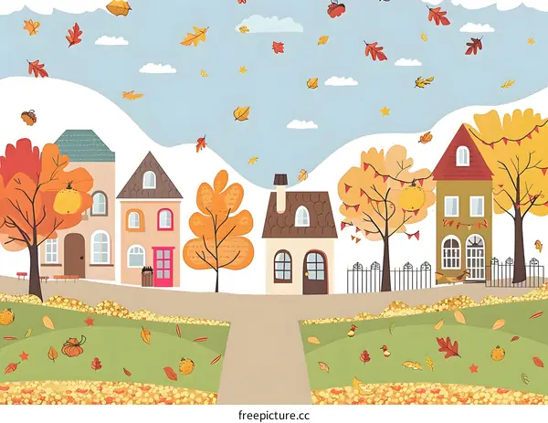 Autumn Village Landscape with Colorful Houses and Falling Leaves