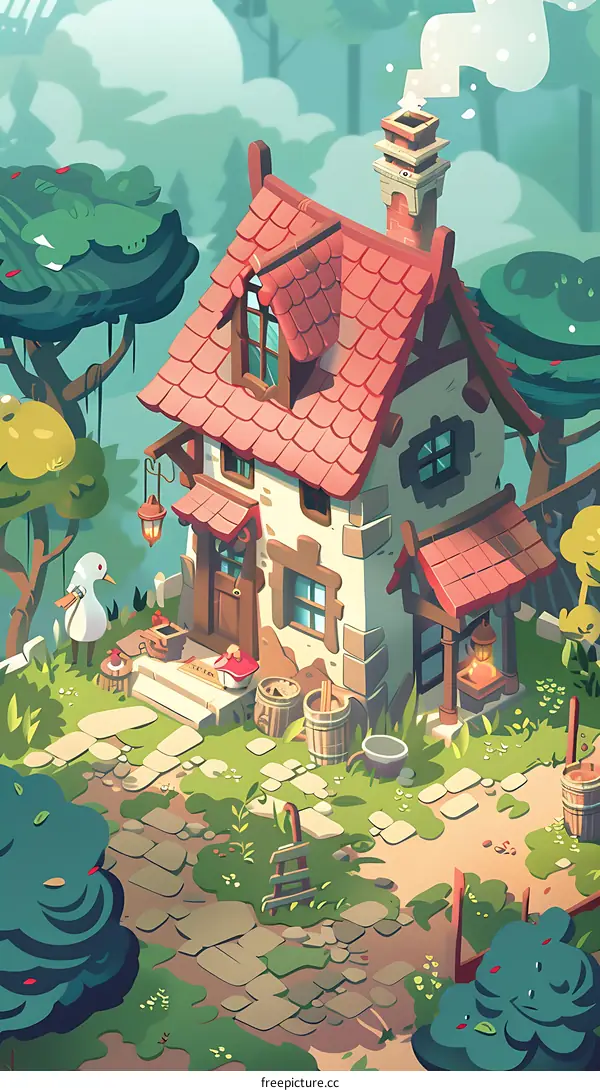 Cute Cartoon Illustration Of A Stone Cottage In The Woods
