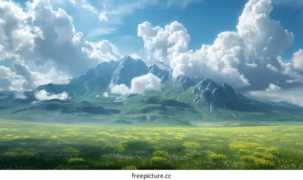 Green rolling hills and mountains under a blue sky