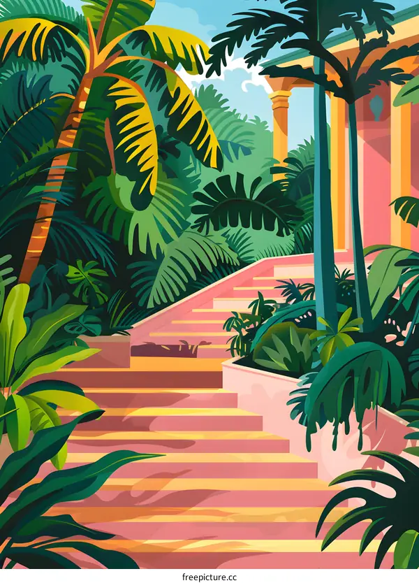 Tropical Garden Stairs Illustration with Palm Trees