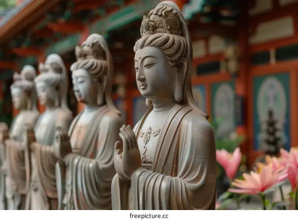 Serene Buddhist Statues in a Chinese Temple